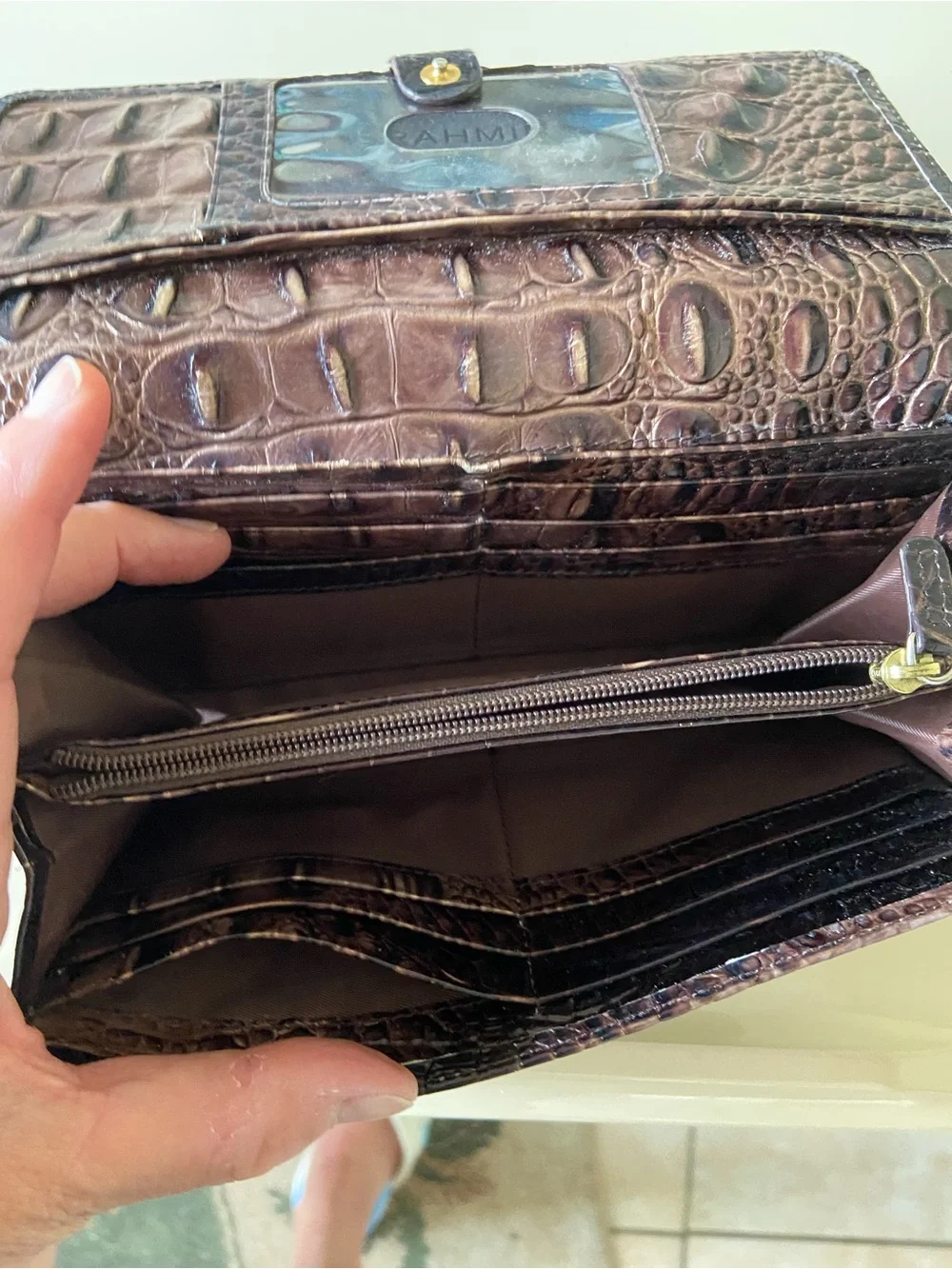 Brahmin Croc-Embossed Leather Card Holder in Dark Brown